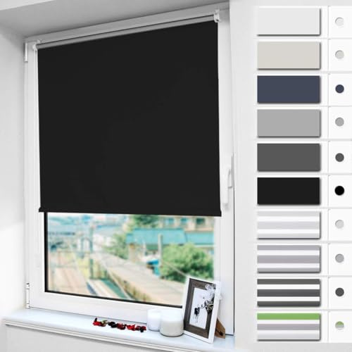 Magiea Verdunklungsrollo ohne & mit Bohren Klemmfix, Schwarz B50 x H200 cm (Stoffbreite 50cm) Klemmrollo Thermorollo Innenrollo für Sonnen-und Sichtschutz Rollos für Fenster & Tür