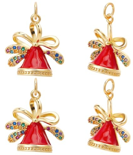 Beebeecraft 1 Box 4 Stück Emaille Anhänger „Weihnachtsglocken“ 18 Karat Vergoldet Zirkonia Rote Glöckchen Anhänger Mit Biegering Für Weihnachten DIY Schmuckherstellung