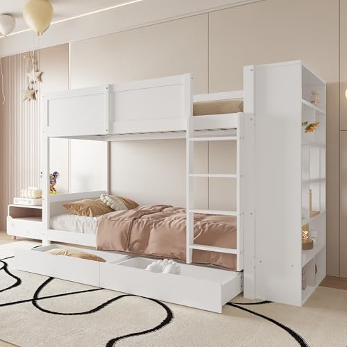 MOBETTRES Etagenbett 90 * 200, Stauraumbett mit großem Stauraum, Kinderbett mit Schubladen und Schränken, Sicherheitszaun und hohem Bettabstand, Jugendbett (Weiß)