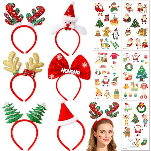 6 Stück Haarreif Weihnachten + 5 Weihnachts Tattoos – Weihnachts Haarreif, Haarreifen Weihnachten, Weihnachts Haarschmuck, Weihnachts Kopfschmuck, Weihnachtshaarreifen Erwachsene, Für Familie & Party