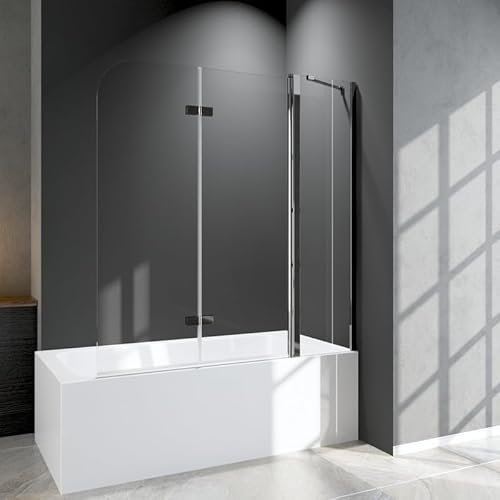 WDWRITTI Duschwand für Badewanne 150x140cm Duschabtrennung, 3-Teilig Faltbar klar Badewannenaufsatz mit seitenwand, Duschtrennwand mit 6mm NANO ESG Sicherheitsglas, Badewannenfaltwand in Chrom Alu