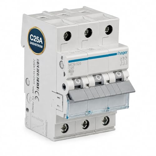 HAGER MCN325 Leitungsschutzschalter 3-polig 25A C-Charakteristik, 6kA Sicherungsautomat 3P für Drehstrom, biconnect Klemmsystem, LS-Schalter 3 Module, DIN EN 60898-1, 230/400V AC