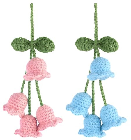 2PCS Pink Car Accessories, Car Accessories for Women, Rear View Mirror Hanging Accessories, Girly Car Accessories, Bellflower Hand Knitted Car Pendant, Mirror Hanging Accessories for Your Car