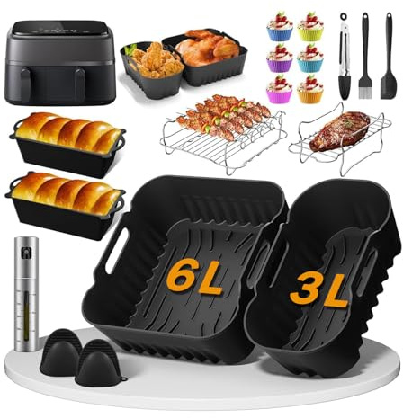 SIOOUI varmluftsfritöstillbehör för Philips Dual Basket Airfryer 3000 Series 6L/3L – NA350 Airfryer silikonform tillbehörsset – 23 delar grillställ, handskar, oljeborste, tång etc.