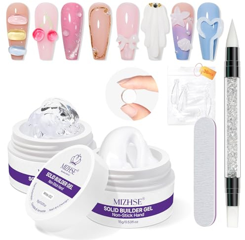 MIZHSE Klar och vit 3D gelnagelkonst, solid byggande gel, fast nagellim för tips nagelförlängning lim, 3D nagelskulptur gel UV, nagelförlängning och modellering non-stick klar vit 15 g 2-pack