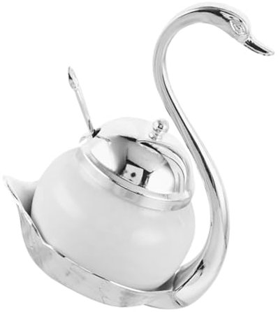 OUNONA Tarro de Miel con Forma de Cisne, Azucarero de Aleación de Aluminio y Vidrio con Cuchara, Adecuado para Desayuno y Postres