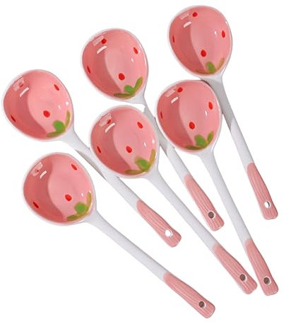 4PCS Ceramic Soup Spoons, 6.69inch Pink Cute Chinese Porcelain Ramen Spoons for Pho Cereal Wonton Dumpling Miso, Set of 4