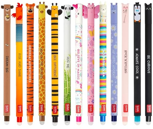 LEGAMI - Set mit 13 radierbaren Gelstiften mit thermosensibler Radiertinte, farbiger Tinte und lustigem Schaft-Design, 0,7 mm Spitze, Tierdesigns, Panda, Lama, Einhorn usw.
