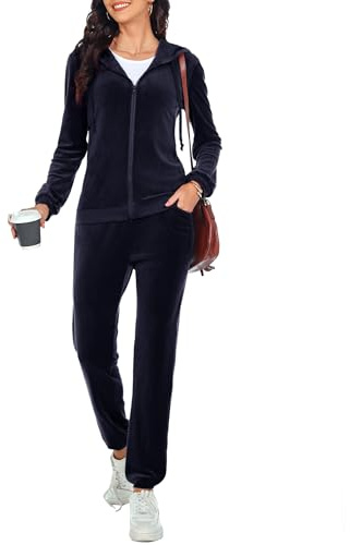 Aottori Tuta Donna Velluto Elegante Tute da Ginnastica Due Pezzi Tuta Completa Sportiva Ciniglia Pigiami Set Felpa con Zip e Pantaloni Invernale per Jogging Training Navy Blue M