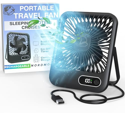 Small Travel Fan For Sleeping, USB-C Rechargeable Battery Powered Personal Mini Desk Fan for Office, Bedroom, Hotel Room - Folding Flat, Easily Portable & Travel-Ready, Battery Saving Display & Timer