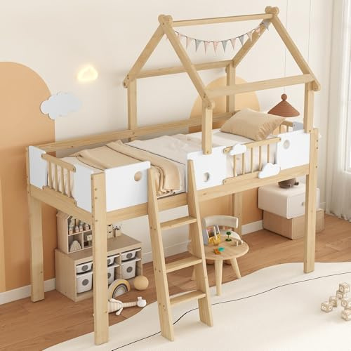 Merax Hochbett 90x200cm für Kinder, Etagenbett Kinderbett mit Fallschutz & Lattenrost, Hausbett mit Dreistufige Schrägleiter, Einzigartiges Dachdesign, Platzsparendes Stockbett, Kiefer+MDF, Natur&Weiß