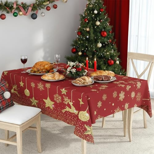 PureHaus Rote weihnacht schneeflocktische Tischtuch, mit Elch Schneeflocke Stern, Abwaschbar Wasserdicht Tischwäsche, Winterurlaub Party Weihnachtsdekoration, 140 x 240 cm