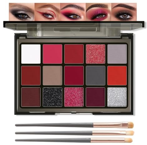 Rot Lidschatten Palette, 15 Farben Eyeshadow Palette Schimmer & Matt, Metallic Lidschattenpalette Set, Schwarz Smokey Augen Make Up Palette, Pigmentierte Make Up Kit Halloween Weihnachten Vampir Clown