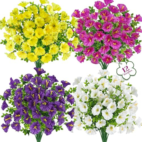 Der Rose 12 Bündel Künstliche Petunien und Prunkwinden Kunstblumen für Draußen UV beständig mit Trompetenförmigen Blüten künstliche Blumen für Blumenkasten Pflanztopf Veranda Terrasse Zaun Deko