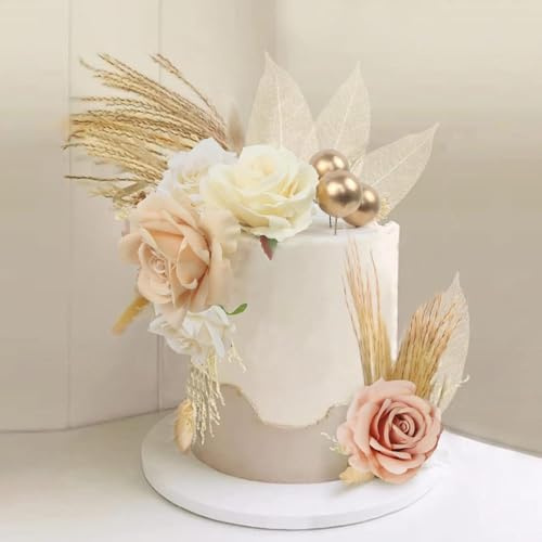MIFKLMV 28 PCS Boho Cake Decorations, Floral Cake Decorations - Dried Flowers for Cake Rose Leaves Balls Birthday Cake Decorating Toppers for Wedding Party Boho Decor