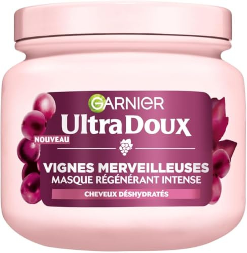 Garnier Ultra Doux Masque Cheveux Déshydratés Huile Pépin Raisin 340ml | Hydrate 4 jours, Régénère brillance, Cheveux 10x plus forts, Flacon plastique 100% recyclé