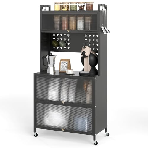 KOMFOTTEU Küchenschrank mit 5/6 Ebenen, Sideboard mit 4 Haken & 10 Dübeln, Buffetschrank mit Arbeitsplatte & Schränken, Küchenbuffet mit 4 Universalrollen (80 x 40 x 160 cm, Grau)