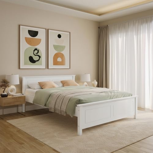 Bellamio Medje Holzbett 160x200 cm, Weiß, Kiefer Massivholz, Landhausstil | Mit Lattenrost, Bettgestell mit Kopfteil, Bettrahmen, Kassettenoptik, Massivholzbett, Doppelbett bis 180 kg, Schlafzimmerbett