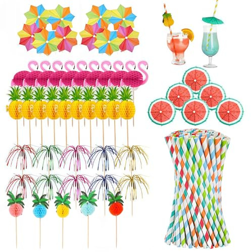Cocktail Accessories Drinks Set 110 Pcs Party Decorations Umbrellas Straws Sparkler Sticks Cake Toppers Bar Birthday Picnic Beach