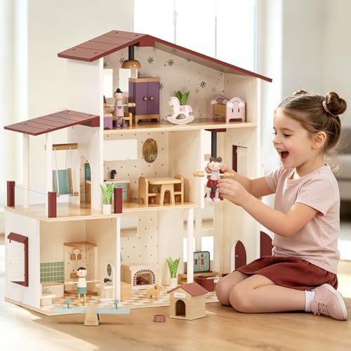 Lehoo Castle Wooden Dollhouse for Girls, Doll House with 5 Rooms DIY Play | Pretend Play Dream Dollhouse with Doll and Furniture 38PCS, Duplex Living Room Design, Creative Gift for Girl Ages 3+
