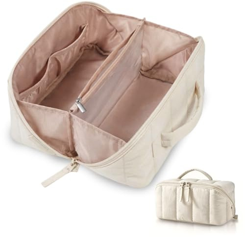 Sminkväska för kvinnor, vattentät sminkväska med stor kapacitet, handtag, avdelare och borstfack, hängande sminkorganisatör för resor vardagsliv badrum, Beige