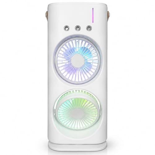 Raffrescatore Portatile con Doppia Ventola, Nebulizzazione ad Acqua e Luci RGB, Mini Condizionatore USB da Tavolo, Ventilatore Silenzioso con Serbatoio Acqua, per Ufficio, Camera da Letto e Casa