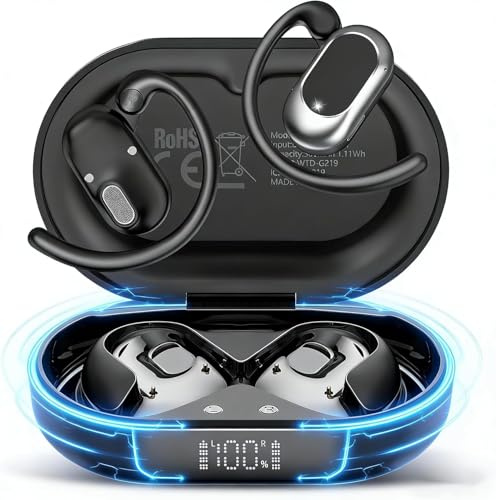AOTONOK Open Ear Headphones, Running Earphones with Adjustable Ear Hooks | IPX7 Waterproof Bone Conduction Earbuds With ENC Mics, Ultra-Comfort, LED Lights, 36H Playtime Sports Hi-Fi Headphones Gym