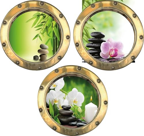 PPA DESIGN Sticker Mural Trompe l'oeil Hublot Galets Bambou Orchidée - Pack de 3 Hublots - Packhu015 - Plusieurs Dimensions Disponibles * (20x20cm)