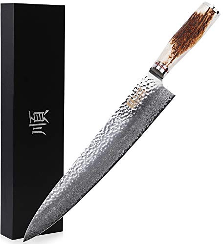 Sunlong Couteau de chef 12 pouces Pro Gyuto japonais VG10 martelé Damas naturel manche en corne de cerf