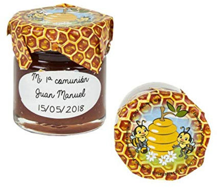 Lote de 15 Tarros de Cristal de Miel con Adhesivo Abejas. Regalos Originales. Complementos. Detalles para Bodas, Comuniones, Bautizos y Cumpleaños. CC