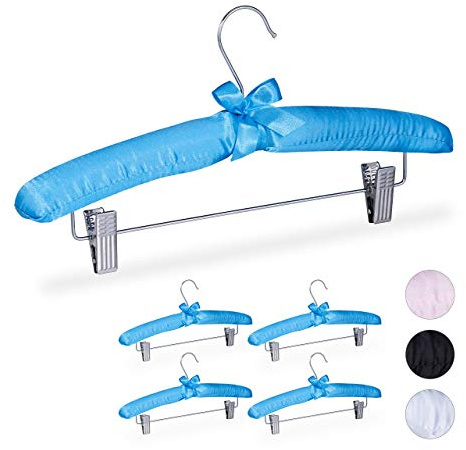 Relaxdays Satin Kleiderbügel im 5er Set, gepolstert, Vintage, verstellbare Clips, drehbarer Haken, 38 cm breit, blau