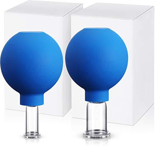 Nuanchu 2 Pieces Glass Cupping Set, Facial Cupping Cups Glass Silicone Cups Vacuum Suction for Face Skin Back Shoulder Muscle (1 Inch and 0.65 Inch Diameter,Blue)