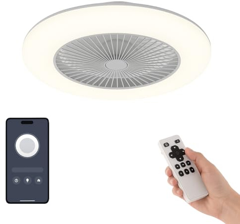 TODOLAMPARA.COM VENTILADOR TECHO SILENCIOSO PLAFÓN LED APP MÓVIL IKARO BLANCO 2026 - DC, regulable, 3 tonos, Verano/Invierno, aspas protegidas, 6v, bajo consumo, Fácil montaje (Plafón Fijo)