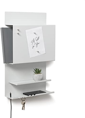 byde Wandorganizer Hepe aus Stahlstruktur. 30 x 9 x 49 cm 3-in-1 Wandregal mit Magnettafel und Magneten. Tafel für Schlüssel, Zeitungen und Notizen. Weiße Farbe