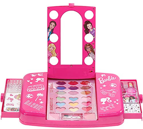 Barbie - Townley Girl Beauty Vanity Set con specchio illuminato | Include lucidalabbra, ombretto, pennelli, smalto per unghie, accessori e molto altro ancora! Dai 3 anni in su, perfetto per feste,