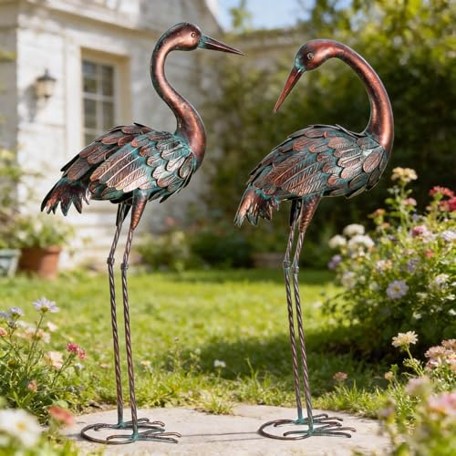 chisheen Crane Garden Statues Outdoor Yard Decorations Metal Heron Yard Art Bird Sculpture Decor for Outside Lawn Patio Large Size, for Women Mom,Set of 2