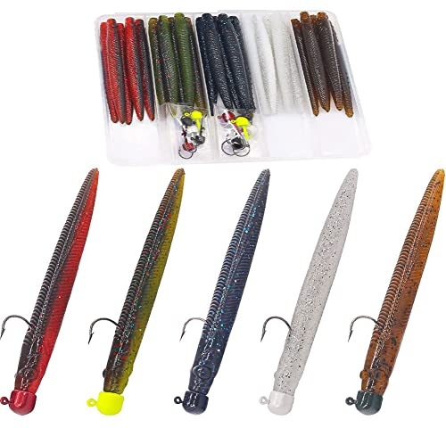 Ned-Rig-Kit-Finess-beten-Mjuk-Plast-Maskar-Fiske-Bete för Baspinne Swimbait Elritsa kräftbeten Shroom Ned Jigghuvud Kit (35-delad 4 #01 Stick maskar Ned Rig-kit)