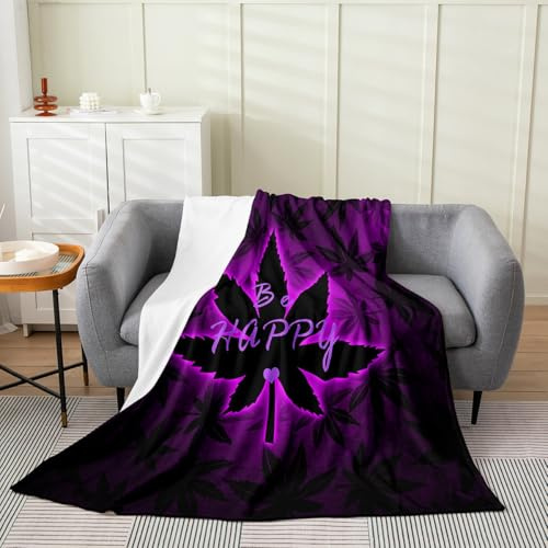 Cannabis Leaf Throw Blanket Purple Weed Bed Blanket for Kids Boys Room Decor,Marijuana Weed Fleece Blanket Solid Color Cozy Fuzzy Blanket, Queen Size (90 x 90 Inches)