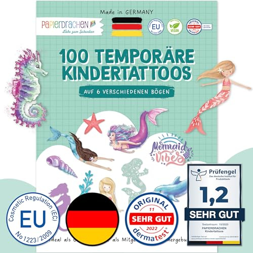 Pappersdrake 100 särskilt hudvänliga barntatueringar – tatueringar sjöjungfrur – för barn – för pojkar och flickor – testad och tillverkad i Tyskland – set 28