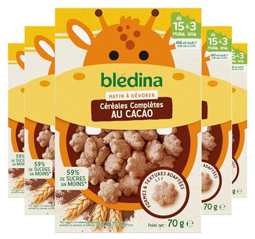 Blédina Mini Matin - Céréales Complètes Au Cacao Pour Bébé - Dès 15 Mois - Les 5 boites de 70g