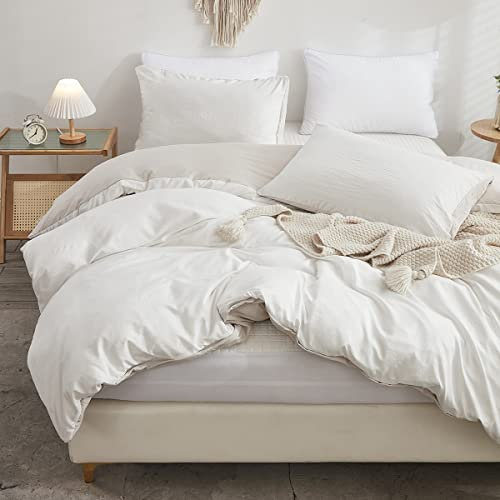 Freyamy Bettwäsche 200x220 Beige Weiß Unifarben Uni Bettwäsche-Sets Wende Gewaschene Microfaser ÖKO-TEX Deckenbezug 1 Bettbezug mit Reißverschluss und 2 Kissenbezug 80x80cm