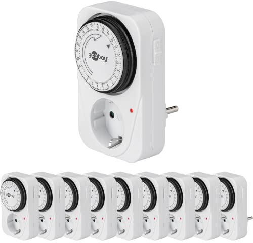 Goobay 64896 Zeitschaltuhr Steckdose - Analoge Zeitschaltuhr Innen - Schaltuhr Steckdosen - 15 Minuten Takt einstellbar - Kontroll LED - Dauerbetrieb möglich - 10er Set, Klein