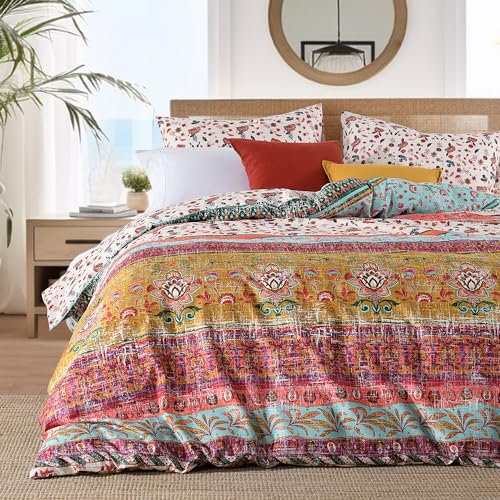 HORIMOTE HOME Bohemian Floral Duvet Cover King Size Boho Quilt Cover Vintage Style Stripe Bedding Set with 2 Pillowcases 230 x 220 cm