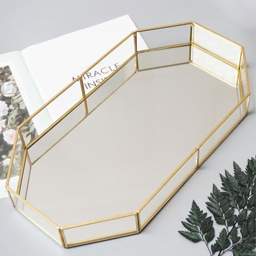 Soulnioi Guld glas speglad bricka polygon dekorativ bricka smycken parfym organiserare sminkbricka för byrå bord heminredning – 31,5 cm