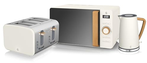 Swan Nordic Kitchen Set, 1.7L Fast Boil Kettle, 1500W 4-Slice Toaster and 800W 20L Microwave, White SK14610WHTN/ ST14620WHTN/ SM22036LWHTN