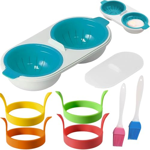 7 Stück Doppelbecher-Eierkocher-Set, Hohe Kapazität Eierdampfer mit Ölpinsel, Omelette-Maker, Blauem Eier Mikrowellen Kocher, PP Tragbarem Gedämpfte Eierplatte für Öfen, Küche, Frühstück