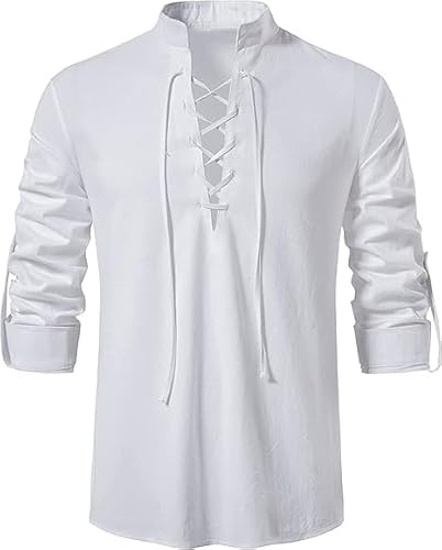 Enlision Chemise en Lin à Lacets pour Homme Costume Vintage médiéval décontracté à Manches Longues Viking Pirate Chemise