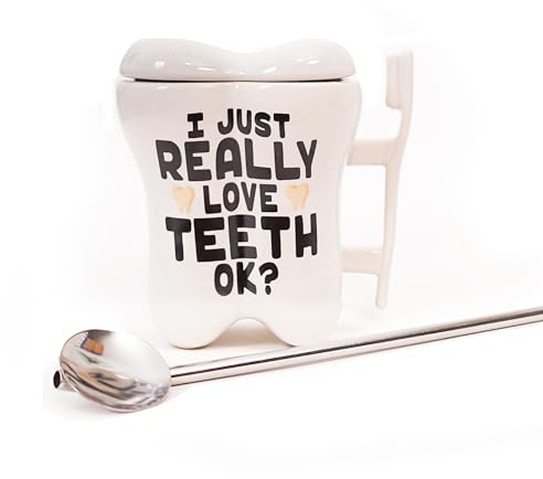 Novelty Dentist Tooth Mug & Toothbrush Holder, Included, Lid & Spoon Shaped Like an Oral Mirror, Funny Unique Design, Great Gift for Dentist, Dental Assistant, Orthodontist Etc. Women & Men