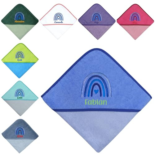 Kapuzenhandtuch Baby mit Regenbogen Herz - personalisiert mit Name – Geschenk zur Geburt oder Taufe – Handtuch 100x100 cm – aus Baumwolle – bestickt