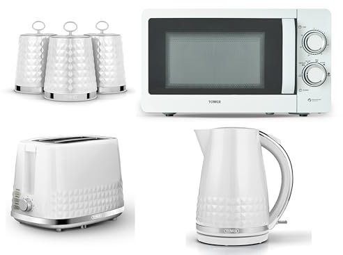 Tower Solitaire White 1.5L 3KW Jug Kettle, 2 Slice Toaster, T24042WHT 800W 20L Manual Microwave & Canisters. Matching Contemporary Design Kitchen Set in White